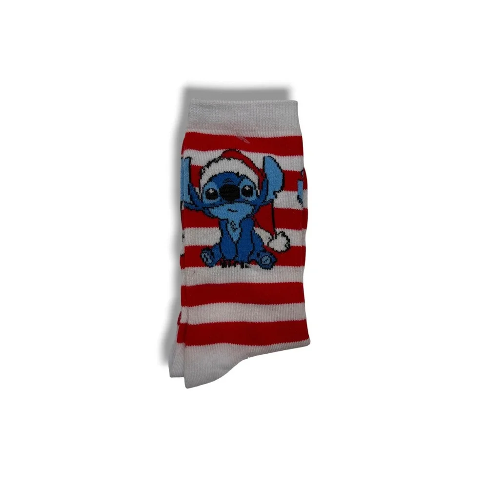 Disney Lilo & Stitch Christmas Crew Socks Red White Striped Santa Hat NWOT
